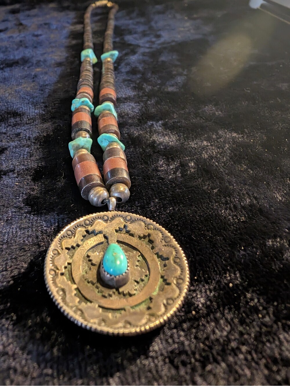 Vintage Southwestern Style Turquoise Heishi Beaded Necklace with Large Pendant